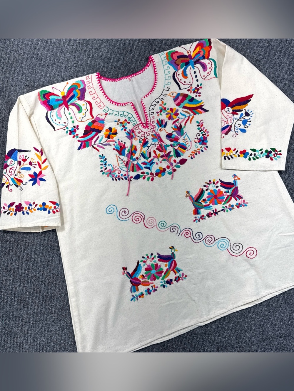 Mexican Colorful Birds/Floral Hand Embroidered Tunic Top Women’s Large